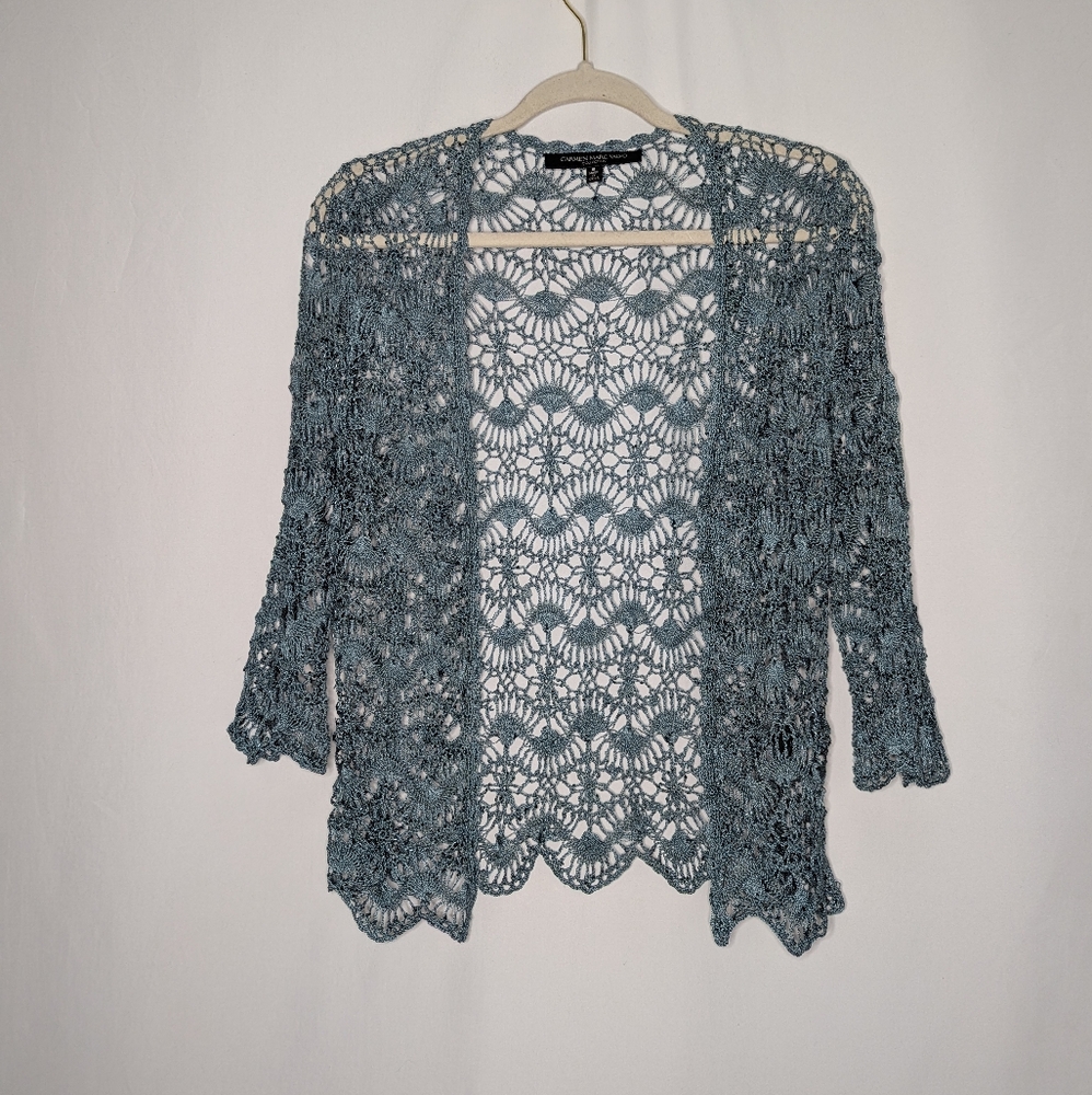 Carmen Marc Valvo Womens Blue Crochet Beaded Cardigan Sweater S